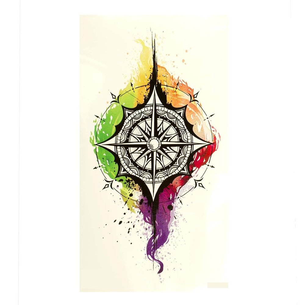 5 Compass Temporary Tattoos with Colorful Mandala and Splash Designs
