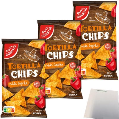 Gut & Günstig Tortilla Chips, Corn Chips with Paprika Flavor, 3-Pack (3 x 300 g) + usy Block