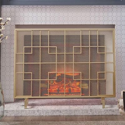 Modern One-Piece Gold-Tone Wrought-Iron Fireplace Screen with Mesh Design