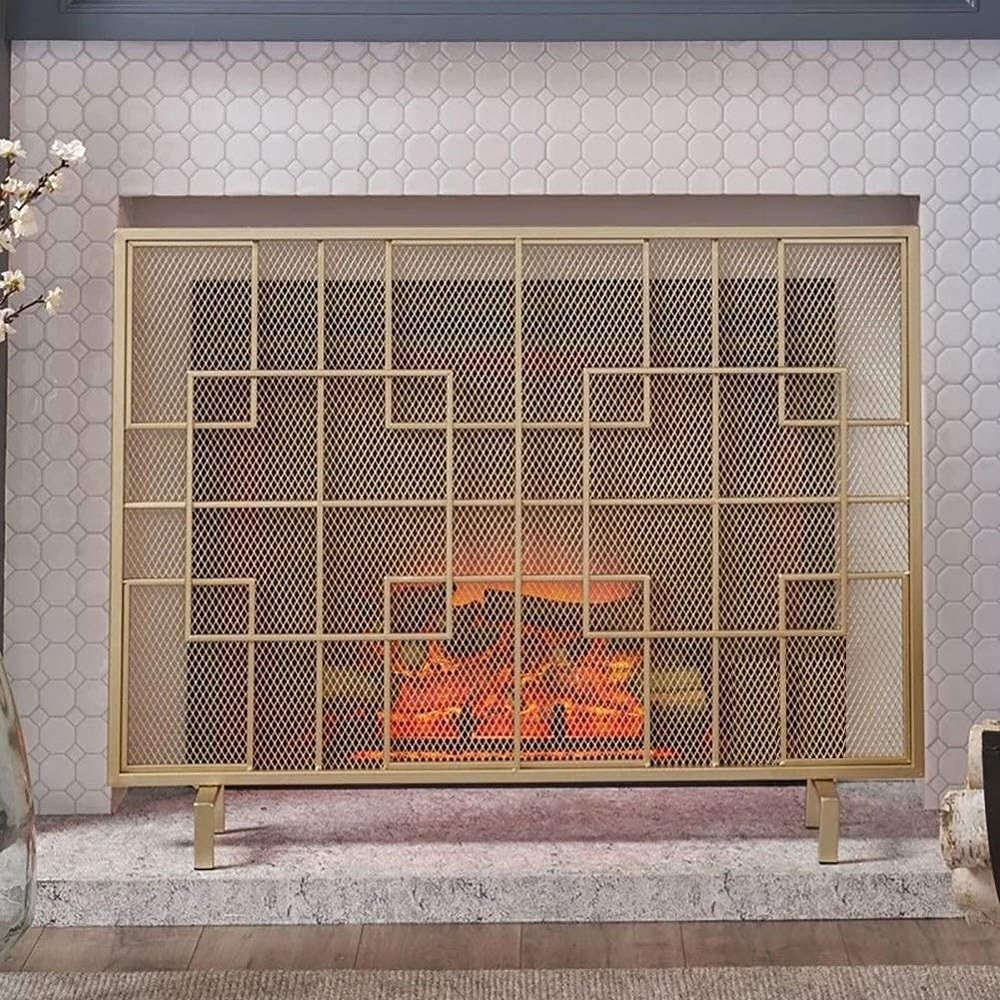 Modern One-Piece Gold-Tone Wrought-Iron Fireplace Screen with Mesh Design