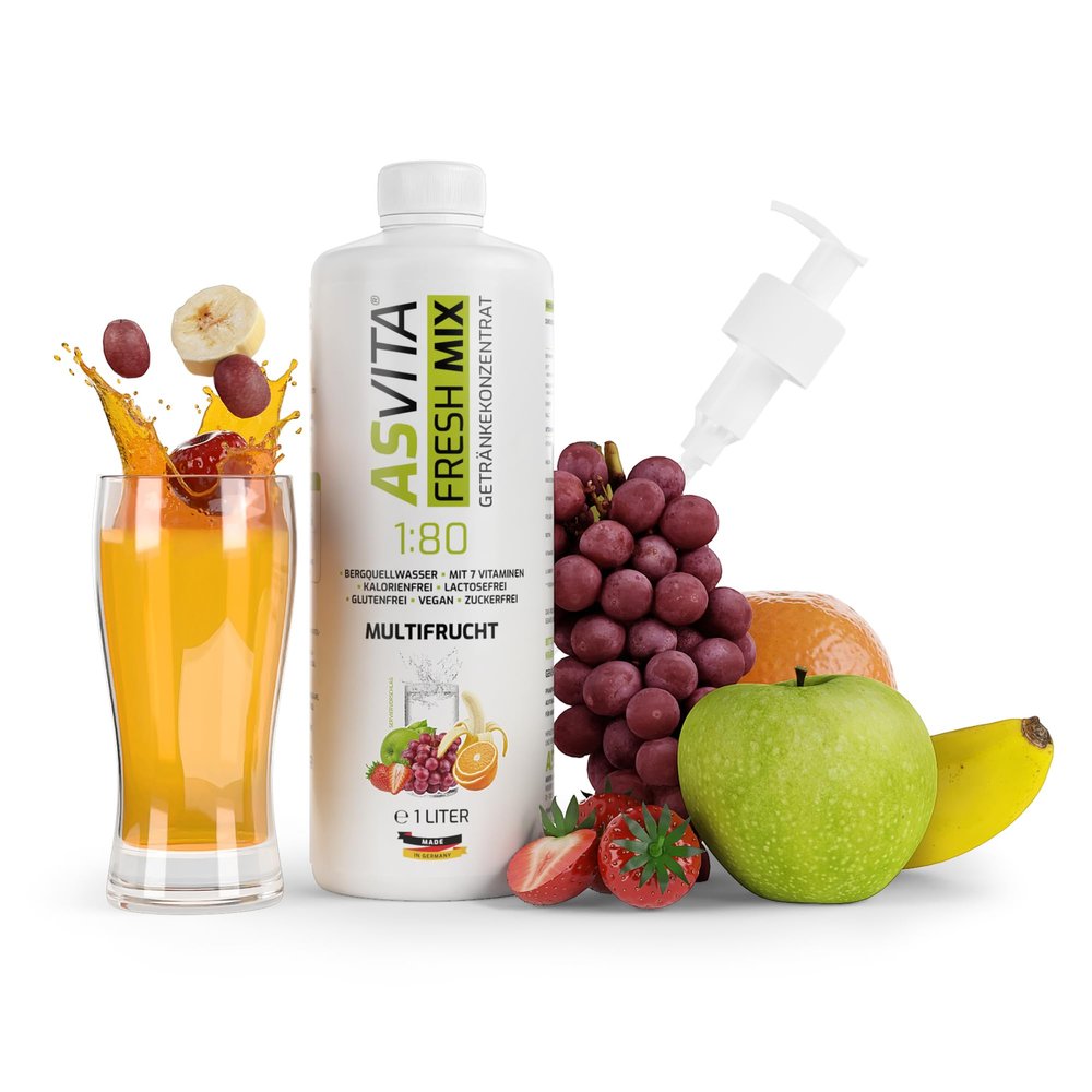 AsVita Fresh Mix Beverage Concentrate 1:80, 1 L Bottle with Dosing Pump – Sugar-Free Multifruit Syrup