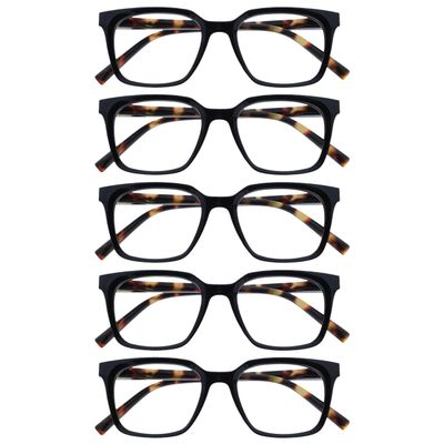 OPULIZE KOI Reading Glasses 5-Pack - Large Rectangular Frames - Black - Unisex - Spring Hinges - RRRRR50-1 - +3.50