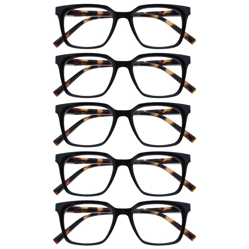 OPULIZE KOI Reading Glasses 5-Pack - Large Rectangular Frames - Black - Unisex - Spring Hinges - RRRRR50-1 - +3.50