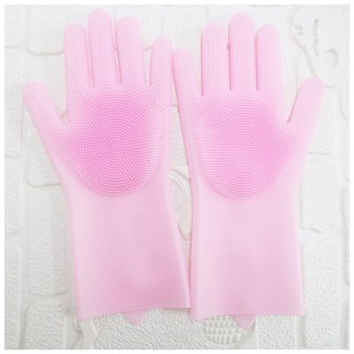 DUnLap Reusable Silicone Cleaning Gloves, 2-Pack, Pink, No Velvet