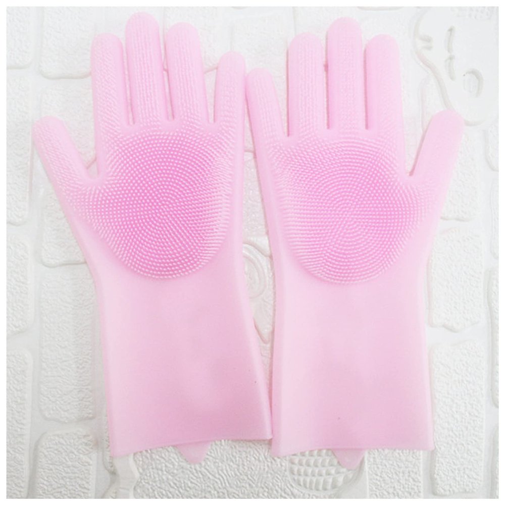 DUnLap Reusable Silicone Cleaning Gloves, 2-Pack, Pink, No Velvet