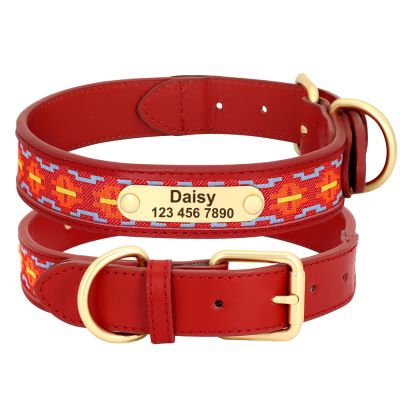 SARUEL Personalized PU Leather Dog Collar with Engraved ID Tag, Red, XL
