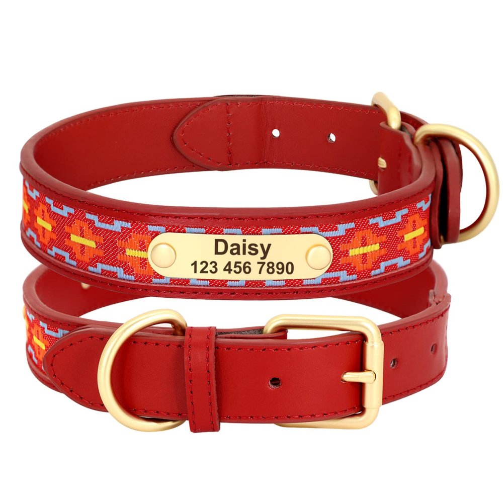SARUEL Personalized PU Leather Dog Collar with Engraved ID Tag, Red, XL