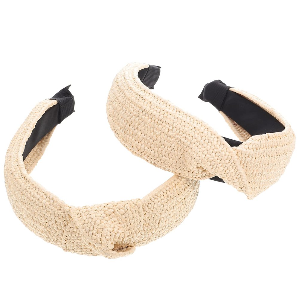 2-Piece Raffia Headbands for Women, Beige