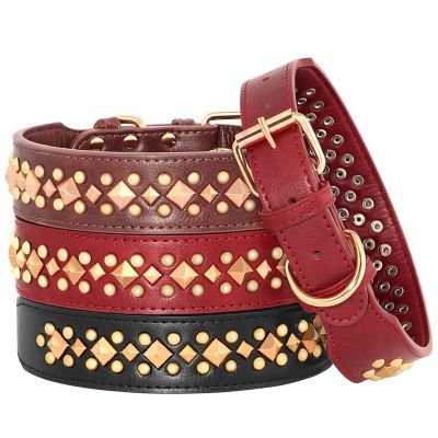 Adjustable Leather Dog Collar with Spikes and Studs, Red, XL