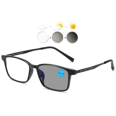 KOOSUFA Photochromic Reading Glasses, Blue-Light Filter, Rectangular TR90 Frame, Gray Lens, Light Black, +2.0