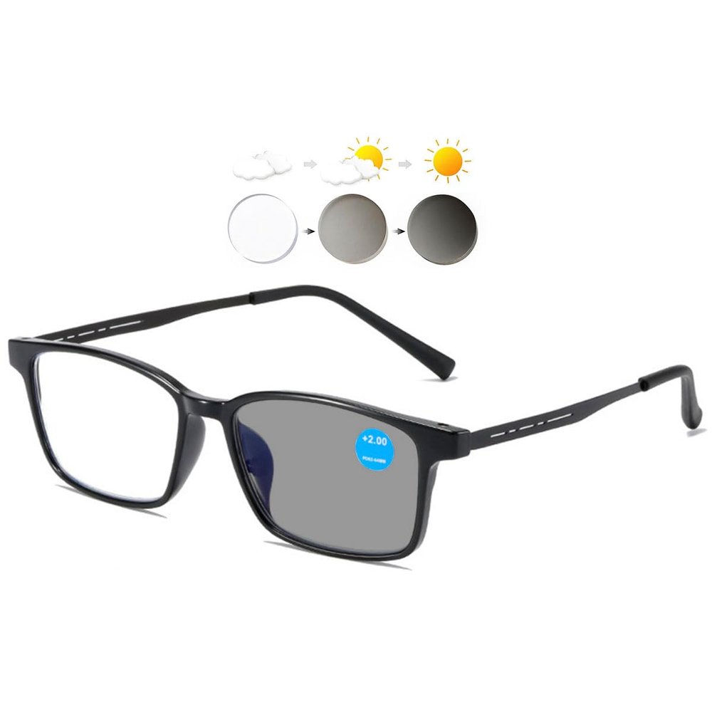 KOOSUFA Photochromic Reading Glasses, Blue-Light Filter, Rectangular TR90 Frame, Gray Lens, Light Black, +2.0
