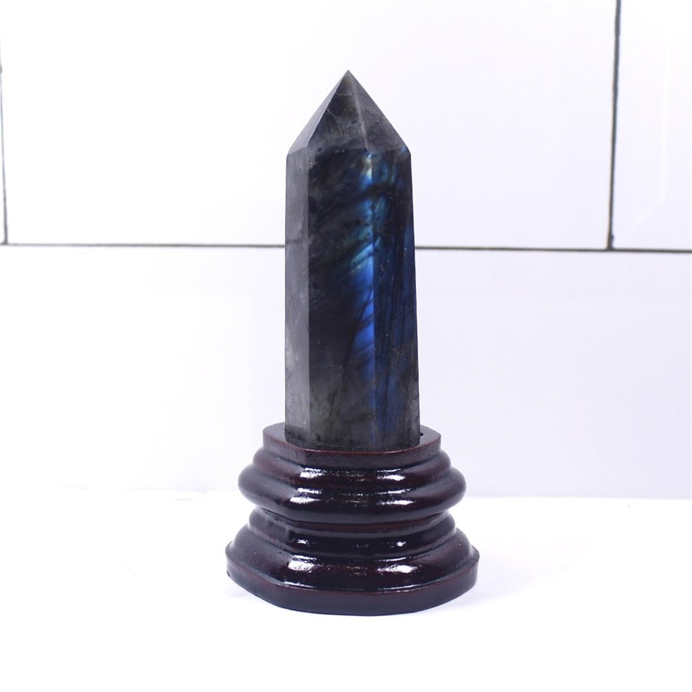 AtkitS Natural Stone Crystal Point Healing Wand with Wooden Base, 1 Pc (Elongated Stone)