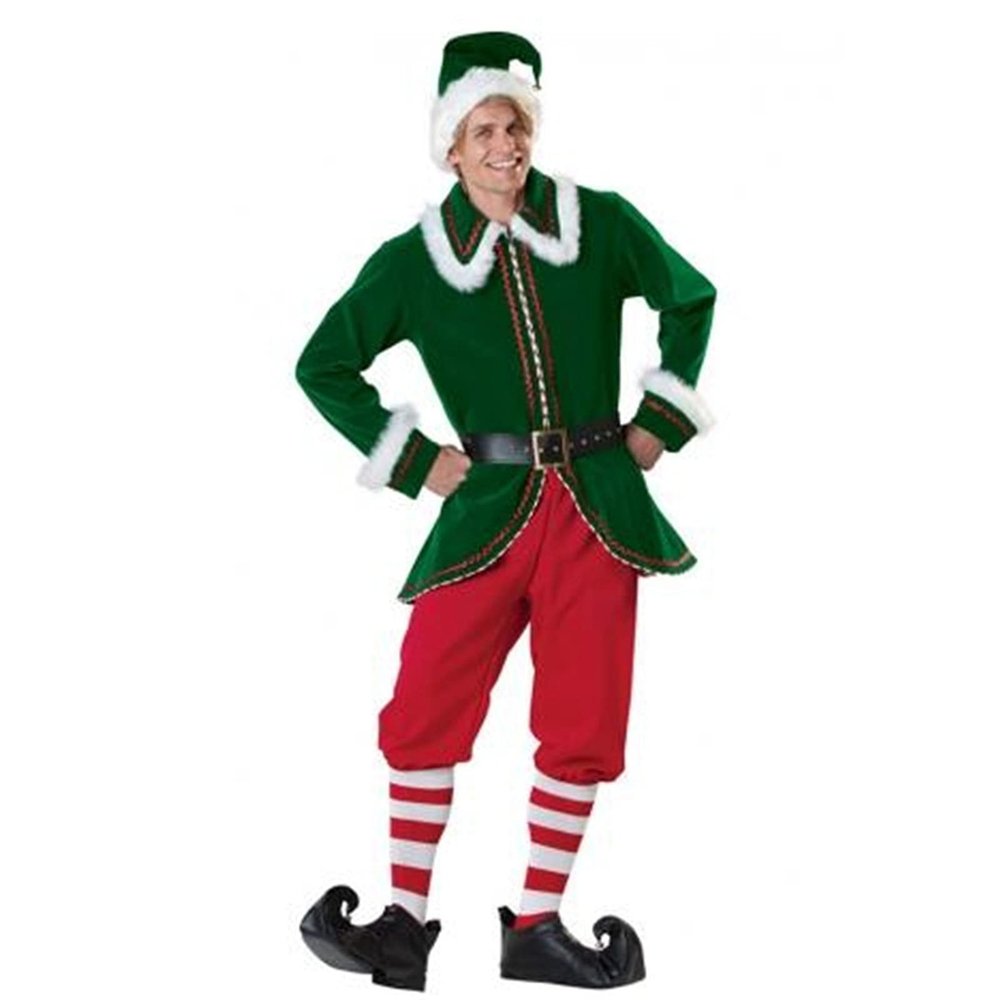 Eghunooye Adult Christmas Elf Costume, Santa's Helper Outfit with Hat, Shoes and Socks (Green Men's 1, XXXL)
