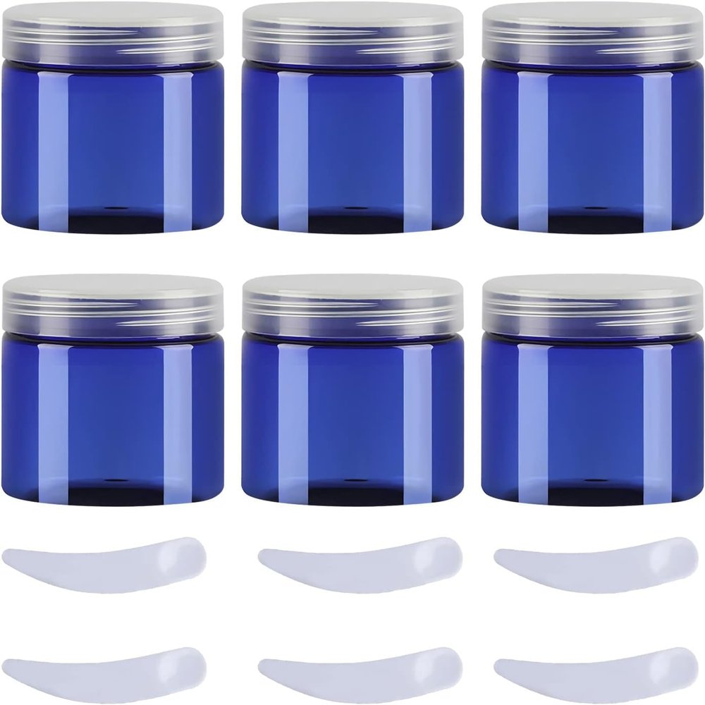 Travel Cream Jars, 6-Pack, 100 mL Blue Plastic Cosmetic Jars with Clear Lids