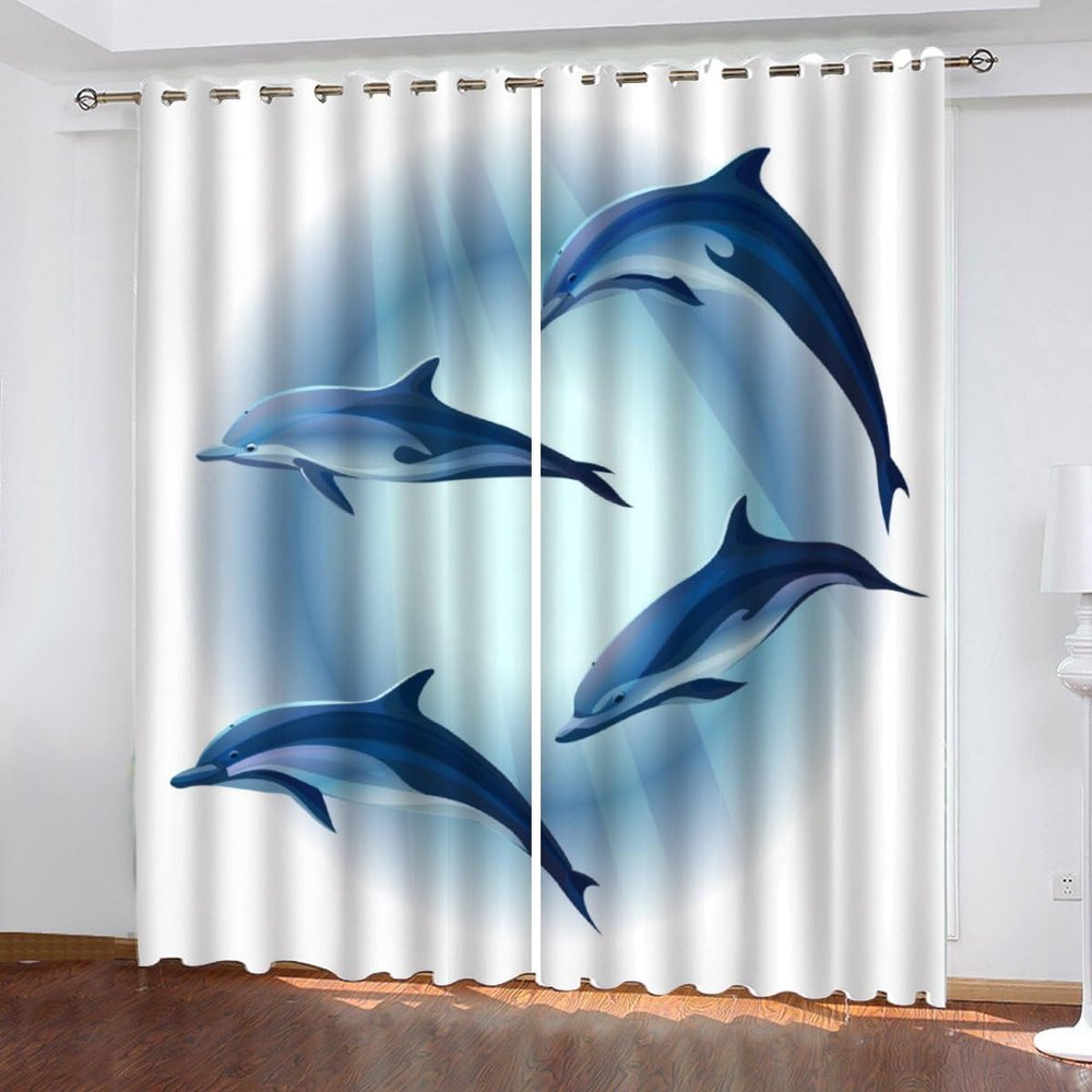 IDIDOS Dolphin Blackout Curtains, 3D-Printed Blue Sea, 110 x 95 cm