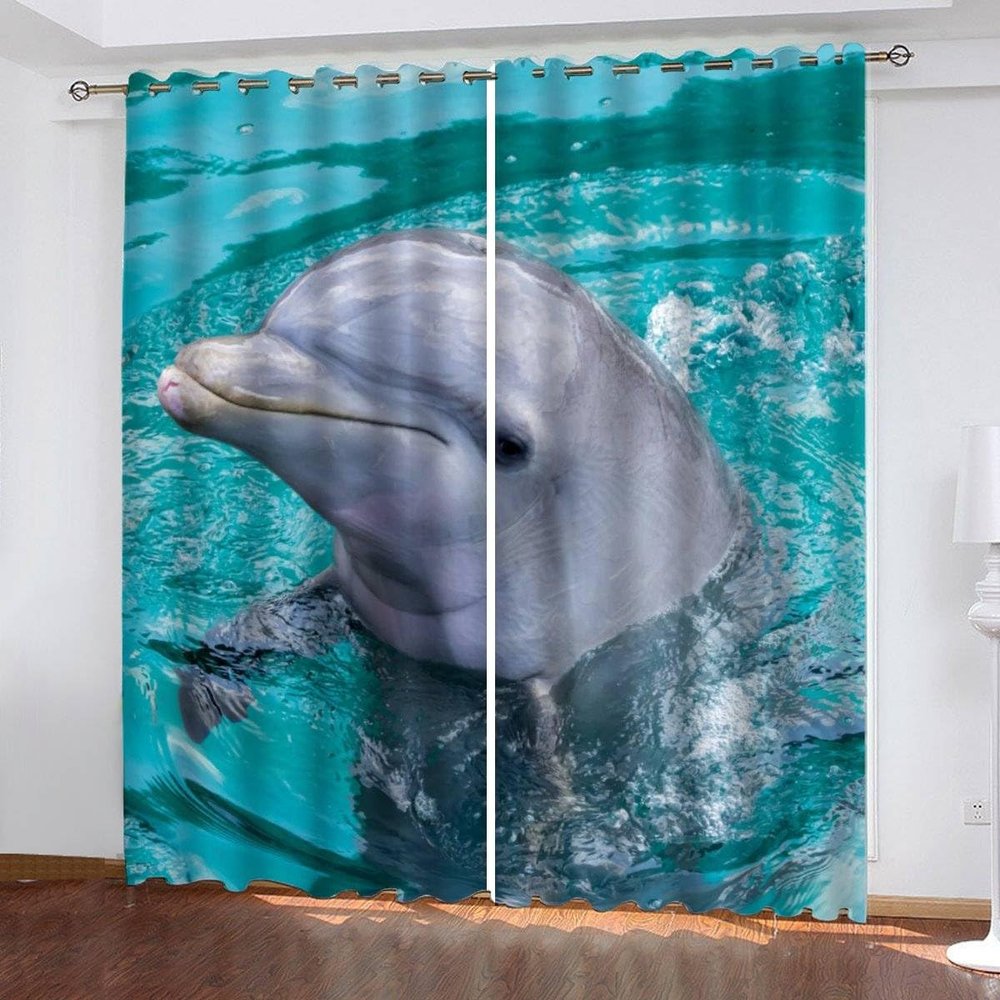 IDIDOS Dolphin Blackout Curtains for Kids’ Room or Bedroom, 3D-Printed Blue Sea Design, Opaque Polyester, 200 x 160 cm