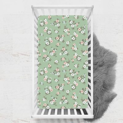 Odot Fitted Sheet for Baby Crib, Floral Print, Green, 45 x 90 cm