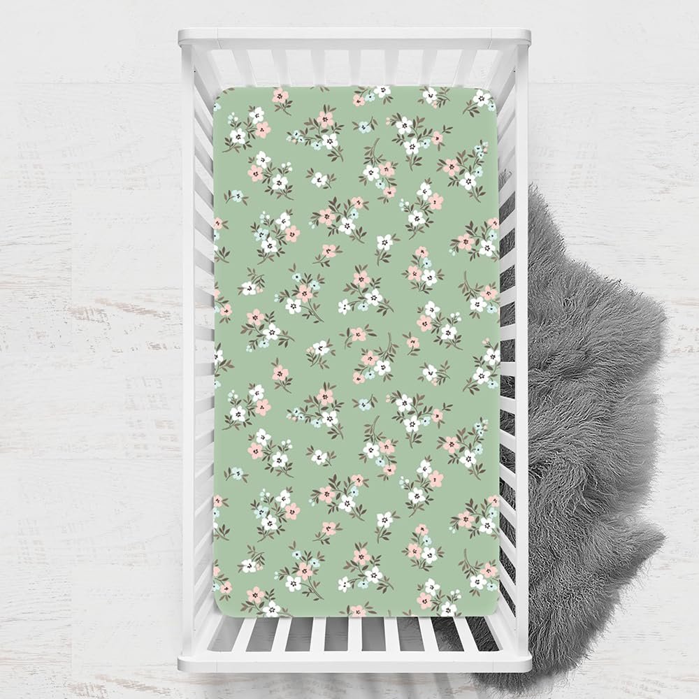 Odot Fitted Sheet for Baby Crib, Floral Print, Green, 45 x 90 cm