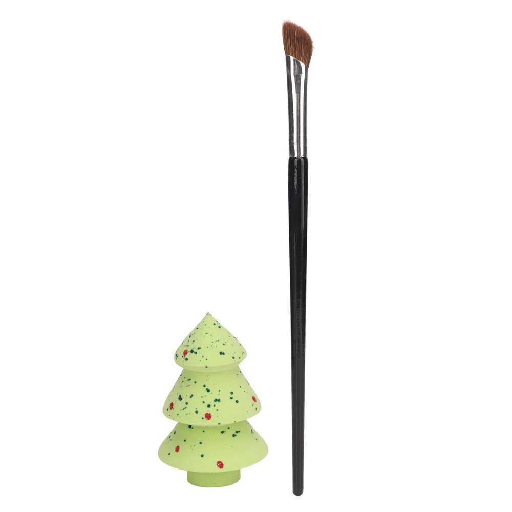 Angled Nose Contour Brush Set with Green Sequin Christmas Tree Sponge