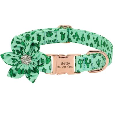 SARUEL Personalized Floral Dog Collar and Leash Set, Green, Size S