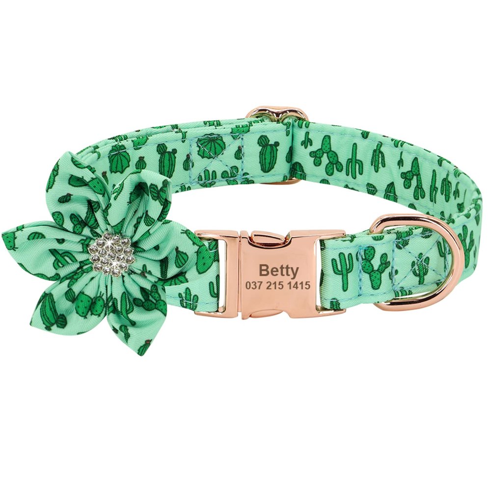 SARUEL Personalized Floral Dog Collar and Leash Set, Green, Size S