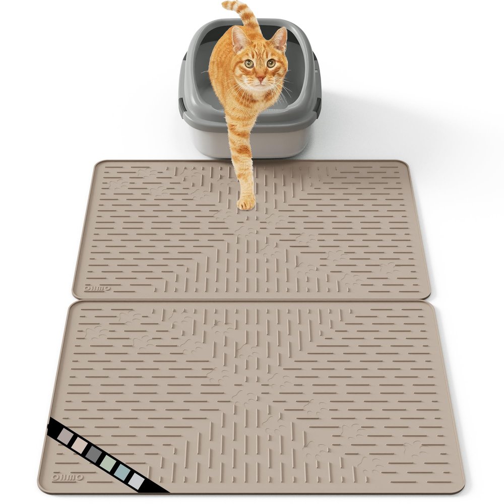 OHMO Cat Litter Mat, Premium Silicone, 23.6 x 15.7 in, 2-Pack, Beige