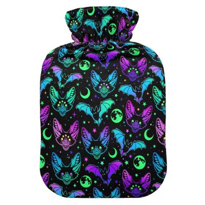Hot Water Bottle, 2 L, Soft Plush Cover with Gothic Bats, Moons & Stars