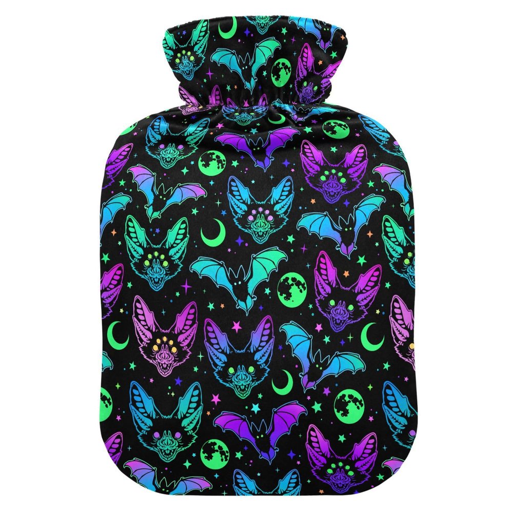 Hot Water Bottle, 2 L, Soft Plush Cover with Gothic Bats, Moons & Stars
