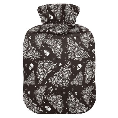 2 L Hot Water Bottle with Soft Plush Cover, Gothic Moth Skull Moon Design