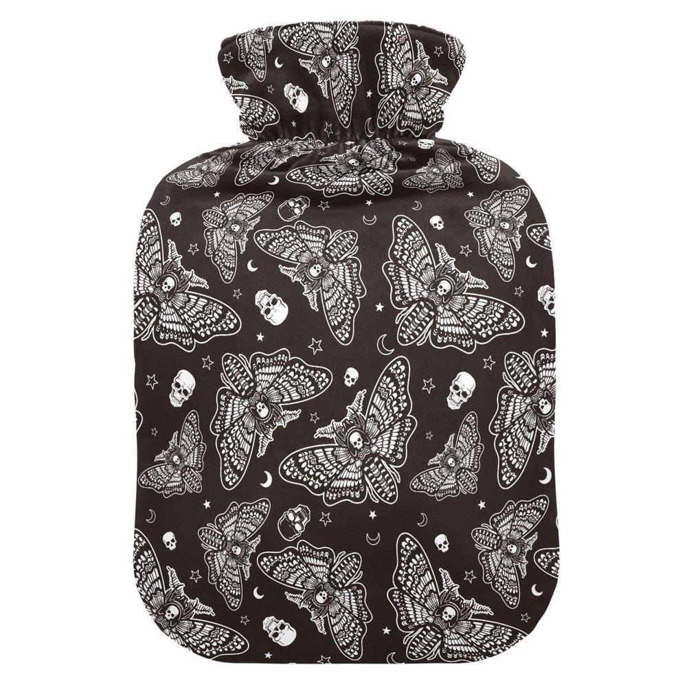 2 L Hot Water Bottle with Soft Plush Cover, Gothic Moth Skull Moon Design