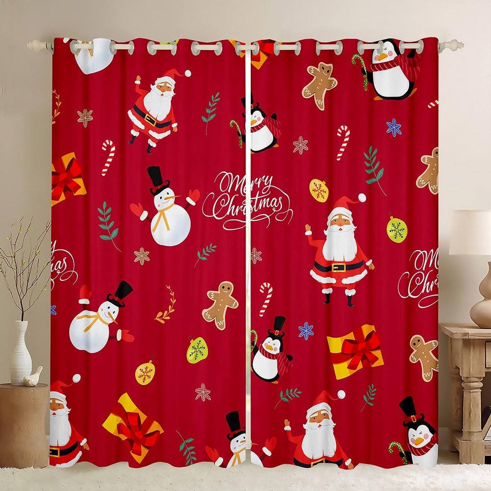 Cute Cartoon Penguin Blackout Curtains, Christmas Snowman and Santa Curtains for Kids’ Rooms, Happy New Year, 117W x 183L