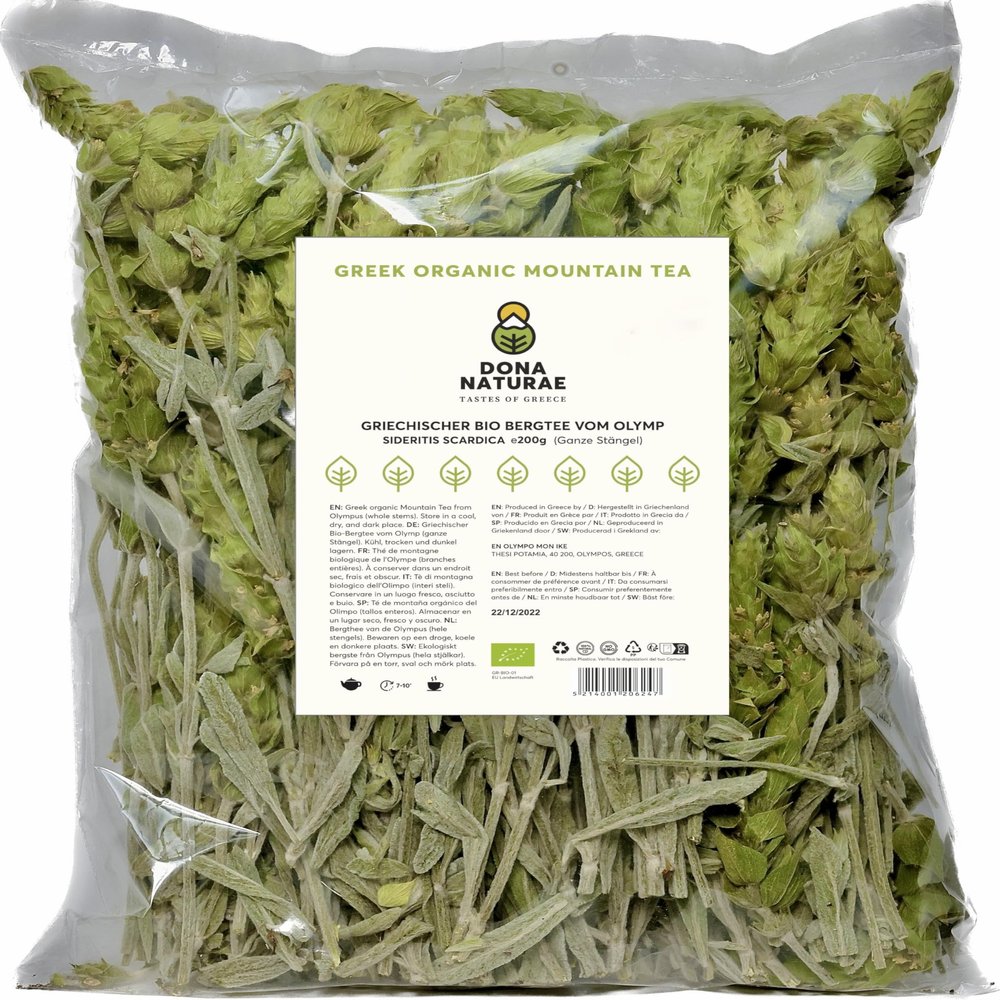 DONA NATURAE | Greek Organic Mountain Tea from Olympus (200 g) | Sideritis scardica | Whole Stems | Economical Packaging (200 g)