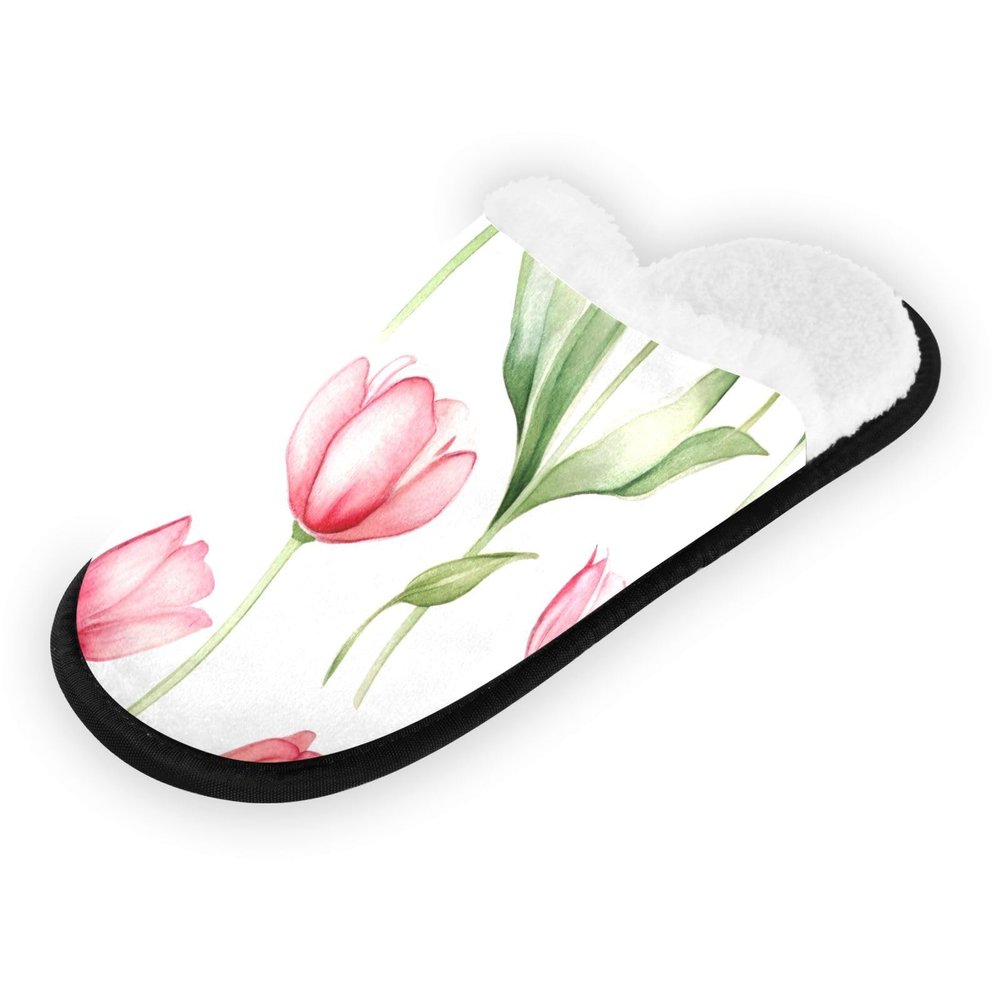 Home Slippers, Men's Indoor Polka Dot Slippers, Soft Guest Travel Slippers for Women, Watercolor Pink Tulips on White, Large
