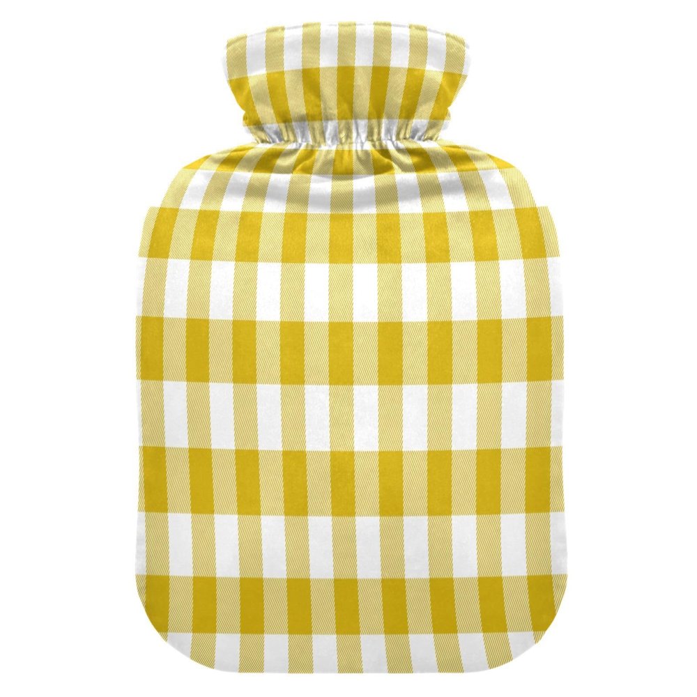 HMZXZ Hot Water Bottle with Cover, Goldenrod Gingham Plaid, 2 L PVC Heat Pack for Pain Relief, Feet and Menstrual Discomfort