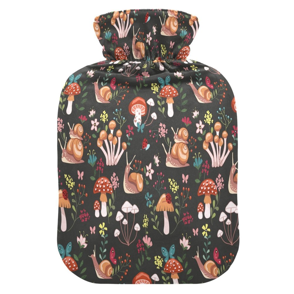 HMZXZ Hot Water Bottle with Cover, Mushrooms, Snails, Ladybugs, Spring Flowers, 2 L, PVC, Hot Water Bag for Pain Relief, Feet and Menstrual Discomfort