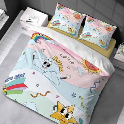 KDGGLUCK Cartoon Rainbow, Sun and Clouds Printed Bedding Set, 200 x 200 cm + 2 Pillowcases 50 x 75 cm