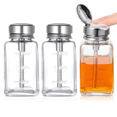 Guiqulai Transparent Glass Pump Dispenser Bottles with Metal Flip-Top Caps, 180 mL, 3-Pack