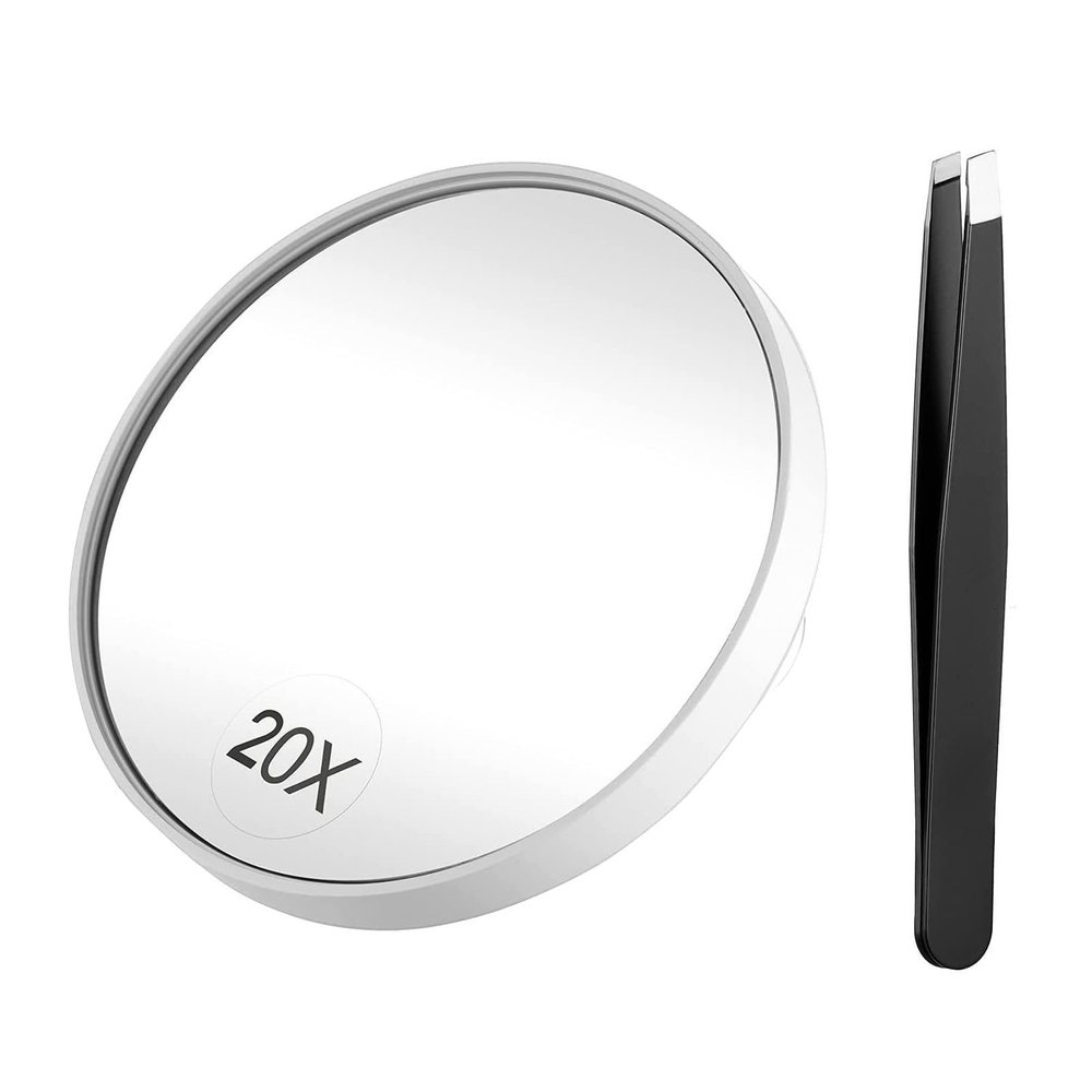 Compact Round Cosmetic Mirror with 10x/20x Magnification, Suction Cup and Tweezers