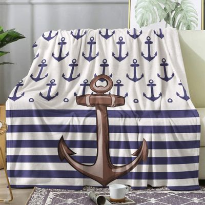 Cuddle Blanket 150 x 200 cm Anchor Nautical Striped Plush Fleece Sofa Blanket, Flannel Throw, Large XL Winter Home Blanket