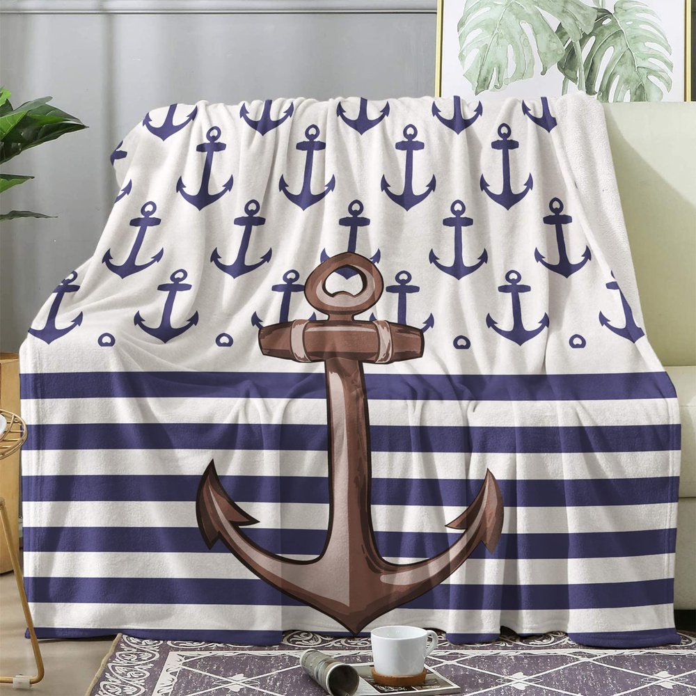 Cuddle Blanket 150 x 200 cm Anchor Nautical Striped Plush Fleece Sofa Blanket, Flannel Throw, Large XL Winter Home Blanket