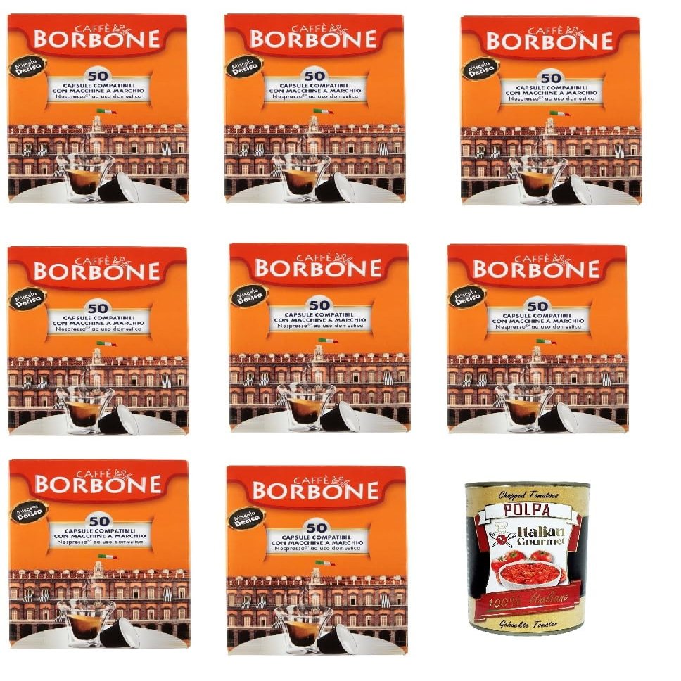 Italian Gourmet E.R. 8x Caffè Borbone 50 Capsules Miscela Decisa Compatible with Nespresso Home Machines, Italian Coffee 5 g + Italian Gourmet Tomato Pulp 400 g