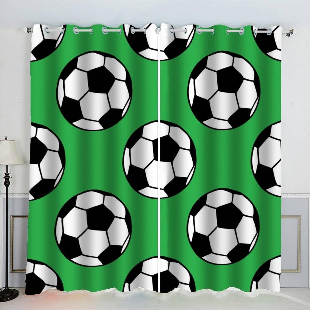 AKATIE Green Football Curtains for Kids’ Rooms, 3D Printed, Blackout, 2-Pack, 140 x 160 cm