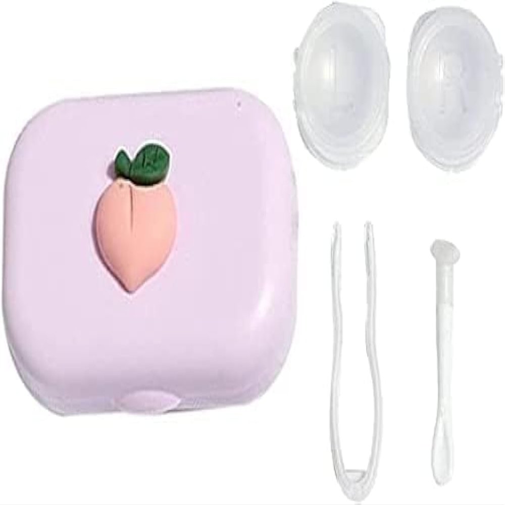 YSSZAM Pink Contact Lens Case with Cute Peach Cartoon Design and Tweezers