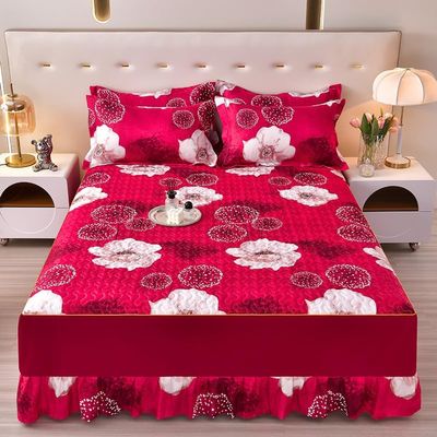 Winter Quilted Fitted Sheet, Warm and Comfortable Mattress Protector with Bed Skirt, Floral Pattern