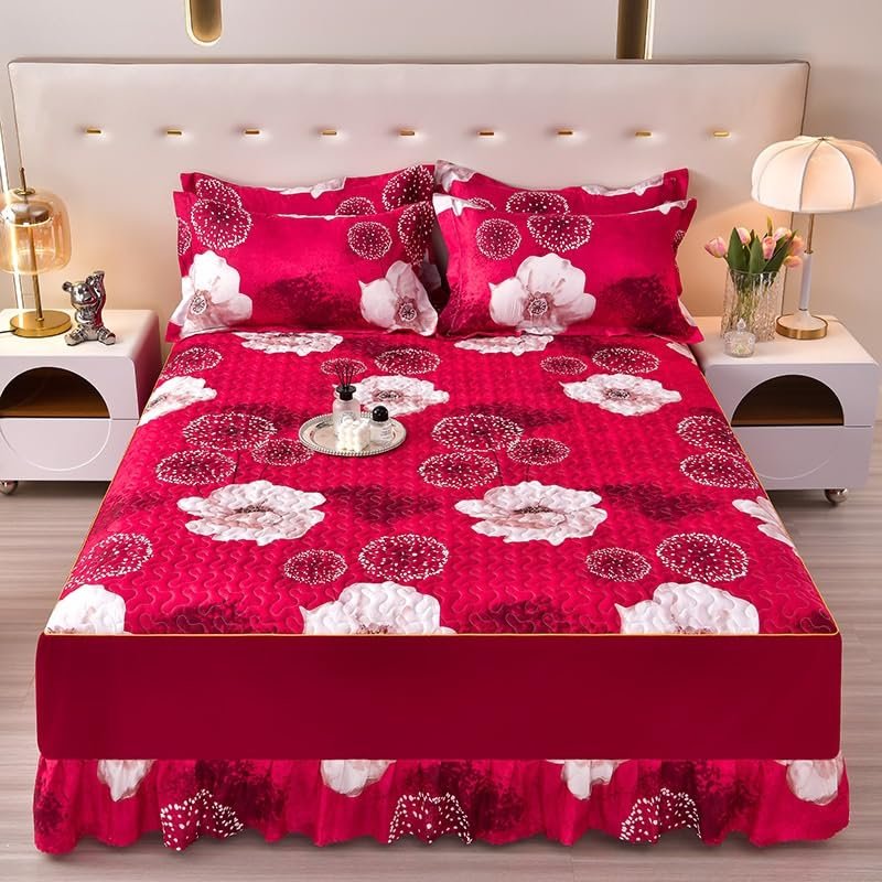 Winter Quilted Fitted Sheet, Warm and Comfortable Mattress Protector with Bed Skirt, Floral Pattern
