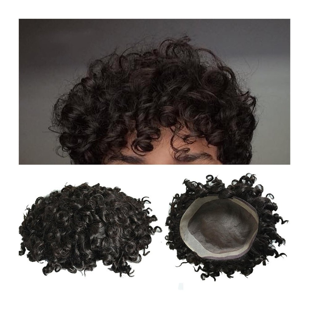 Men’s Afro Toupee, Deep Curly Human Hair, Fine Mono with NPU Base, 6 mm Wave, 1B