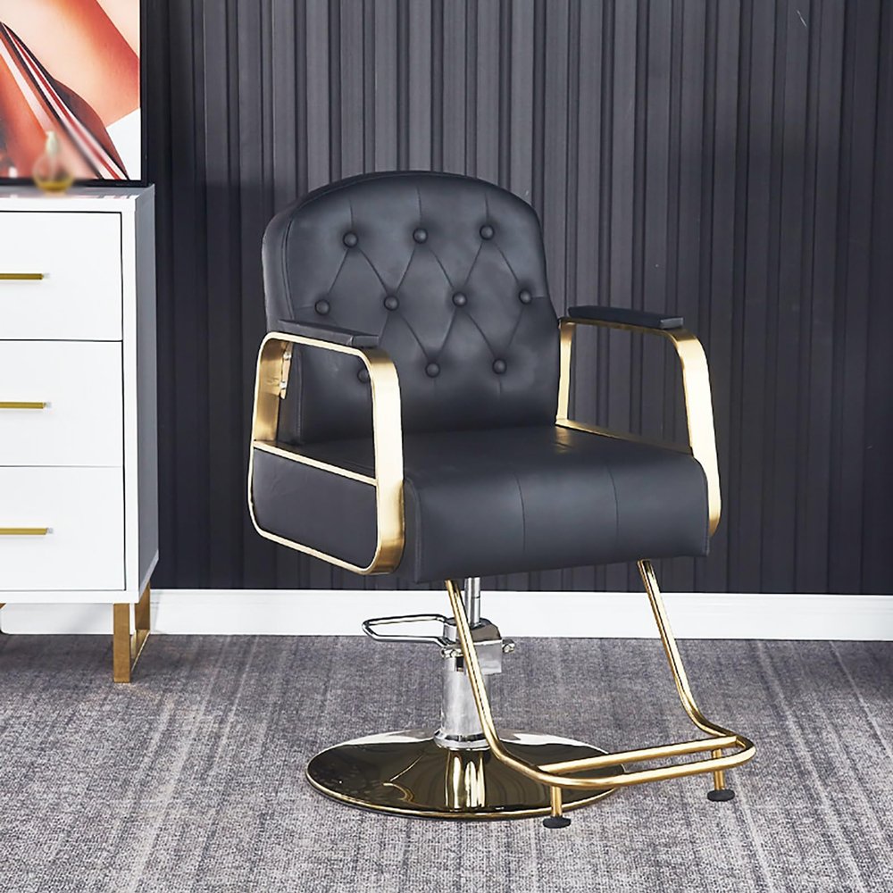 NAKEAH Adjustable Barber Chair with Footrest, 360° Swivel Hydraulic Salon Chair for Barber Shops and Beauty Salons, Gold, B