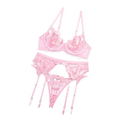 Liyinco Sexy 3-Piece Lingerie Set, Heart Lace Embroidery Push-Up Bra and Panty Set, Sheer Thong, Pink, S