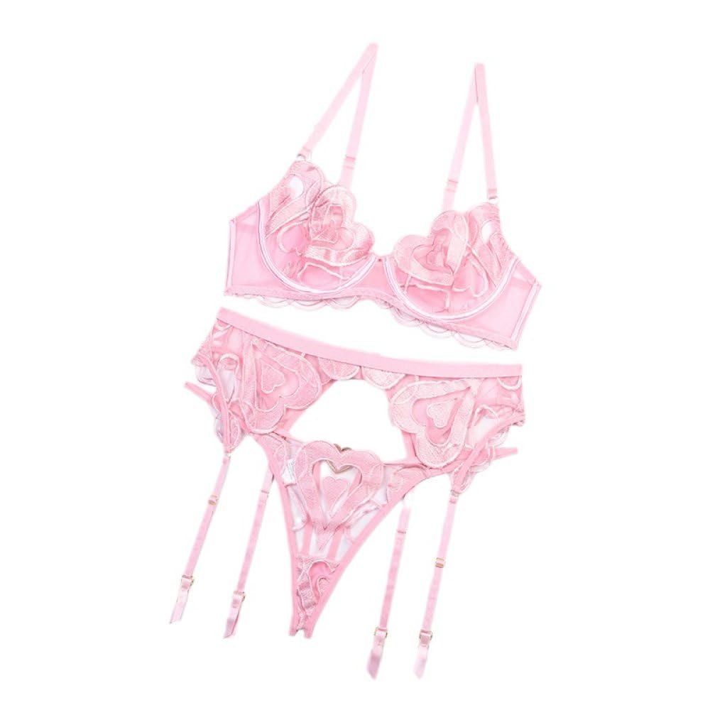 Liyinco Sexy 3-Piece Lingerie Set, Heart Lace Embroidery Push-Up Bra and Panty Set, Sheer Thong, Pink, S