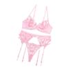 Liyinco Sexy 3-Piece Lingerie Set, Heart Lace Embroidery Push-Up Bra and Panty Set, Sheer Thong, Pink, S view 1